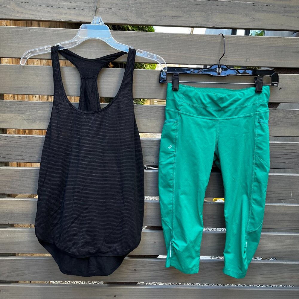 Lululemon Black 105F Tank Top Size 4 & Athleta Kelly Green Crop Leggings XS